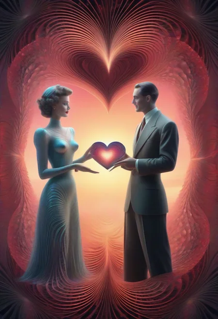 masterpiece, best quality, very aesthetic, absurdres, ultra-HD, cinematic lighting, volumetric lighting, raytracing, perfect Old postcard, 1944, vintage love postcard from the front, fractal dimension, for Valentine's Day, a loving couple. worn corners, worn edges, a little creased,