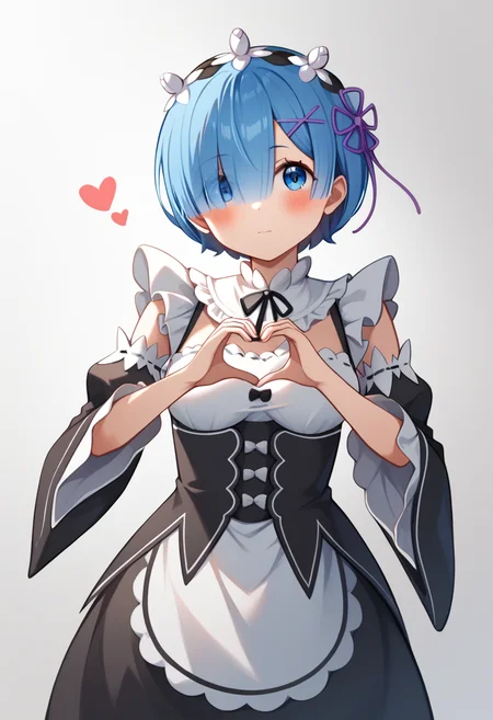 score_9,score_8_up,score_7_up,<lora:rem_pony:1>,waist_apron,head_tilt,maid,hands_up,medium_breasts,juliet_sleeves,highres,simple_background,frilled_sleeves,black_dress,heart_hands,solo,rem_\(re:zero\),white_apron,black_sleeves,hair_over_one_eye,detached_sleeves,frilled_apron,absurdres,white_background,1girl,hairclip,blush,wide_sleeves,
