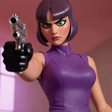 cinematic film still of  <lora:Marie John North v3:1.2>
Marie John North a wide view of a full face and body shot of a 1970's cartoon woman with a Pageboy hair cut in a purple outfit dress holding a hand gun pistol  while staring at camera with an angry facial expression Anime Manga Girl, shallow depth of field, vignette, highly detailed, high budget, bokeh, cinemascope, moody, epic, gorgeous, film grain, grainy