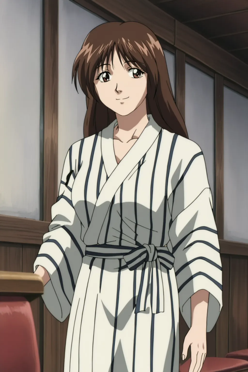 score_9, best, masterpiece, uncensored,
indoors,
1girl, solo, 1990s (style), retro artstyle, official style, smile,
ShinjinTourConductorLonghairGirl,
vertical-striped yukata,
<lora:ShinjinTourConductorLonghairGirl:0.8>​​​