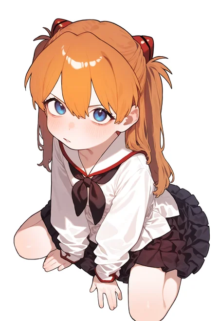 masterpiece, highres, absurdres, newest, very awa, 1girl, solo, souryuu asuka langley, orange hair, hair between eyes, long hair, blue eyes, eyelashes, white dress shirt, sailor collar, long sleeves, black neckerchief, pleated skirt, black skirt, long skirt, parted lips, sitting, legs apart, hands on floor, from above, high angle, dutch angle, looking at viewer, :/, simple background, <lora:spo_sdxl_10ep_4k-data_lora_webui>, <lora:NOOB_EPSv1_1_detailer_by_vlnvk_v1_0>, <lora:noobai_ep11_stabilizer_v0.30_fp16>, <lora:rinzou777:0.9>