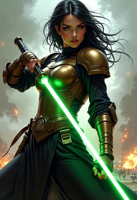 Illustration combining oil-canvas and semi-realistic comic-book style image with a Star Wars theme, star wars style, mythp0rt, Pale skin tone, dynamic, woman. The main subject of the image is a beautiful French woman in her 30s. She has very pale skin, with messy black hair, blue eyes, high cheekbones, and full rosy lips. She has one beauty mark mole beside her mouth. She has smokey eyeshadow. She is wearing a sci-fi bronze raiment of armor including a breastplate. She is wearing long black robes, leather boots, bracers, belt, featuring a long skirt. She is attacking with a green lightsaber in a glamorous pose, stretching in such a way that it demonstrates sensual physicality, at unique angles. She is standing on a dramatic battlefield, occluded with smoke and dust. Sharp Focus, Volumetric Lighting, Realistic Shading, Octane Render, Realistic, professional, 4k, highly detailed,, portrait photography, capturing emotion, personality, flattering lighting, professional, engaging, compelling composition.