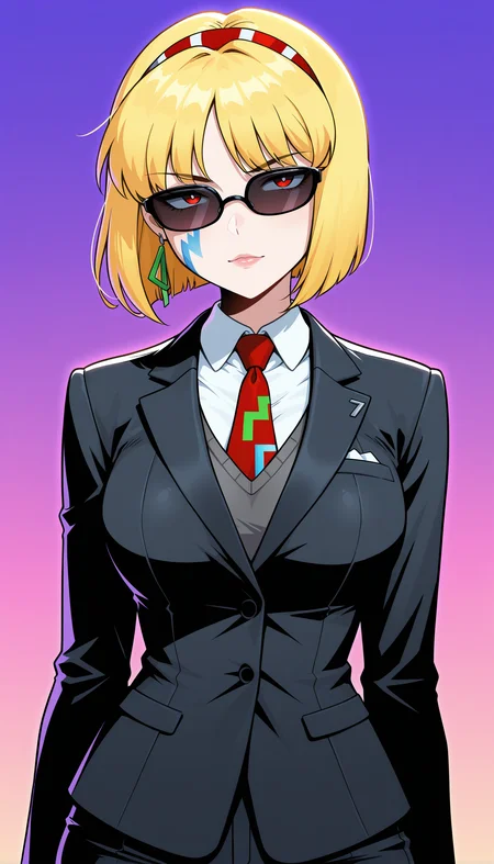 masterpiece,best quality,amazing quality,1girl,solo, lunar_sssc_royce, business suit, sunglasses, tie, blonde hair, tattoo
