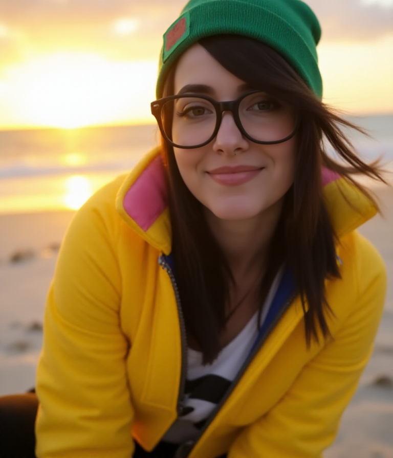 Closeup face portrait on the beach at sunset.  <lora:Killjoy:0.9> killjoy, a woman with a yellow jacket, black glasses, green hat, black pants.