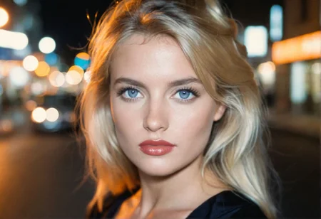 ((CinematicPortrait analog photo)) blonde woman outdoors, blue eyes, (glossy lipstick), (nighttime street lights bokeh), ((soft focus, depth of field, film grain, looking at viewer)) <lora:CinematicPortraitXL_v3:0.65>