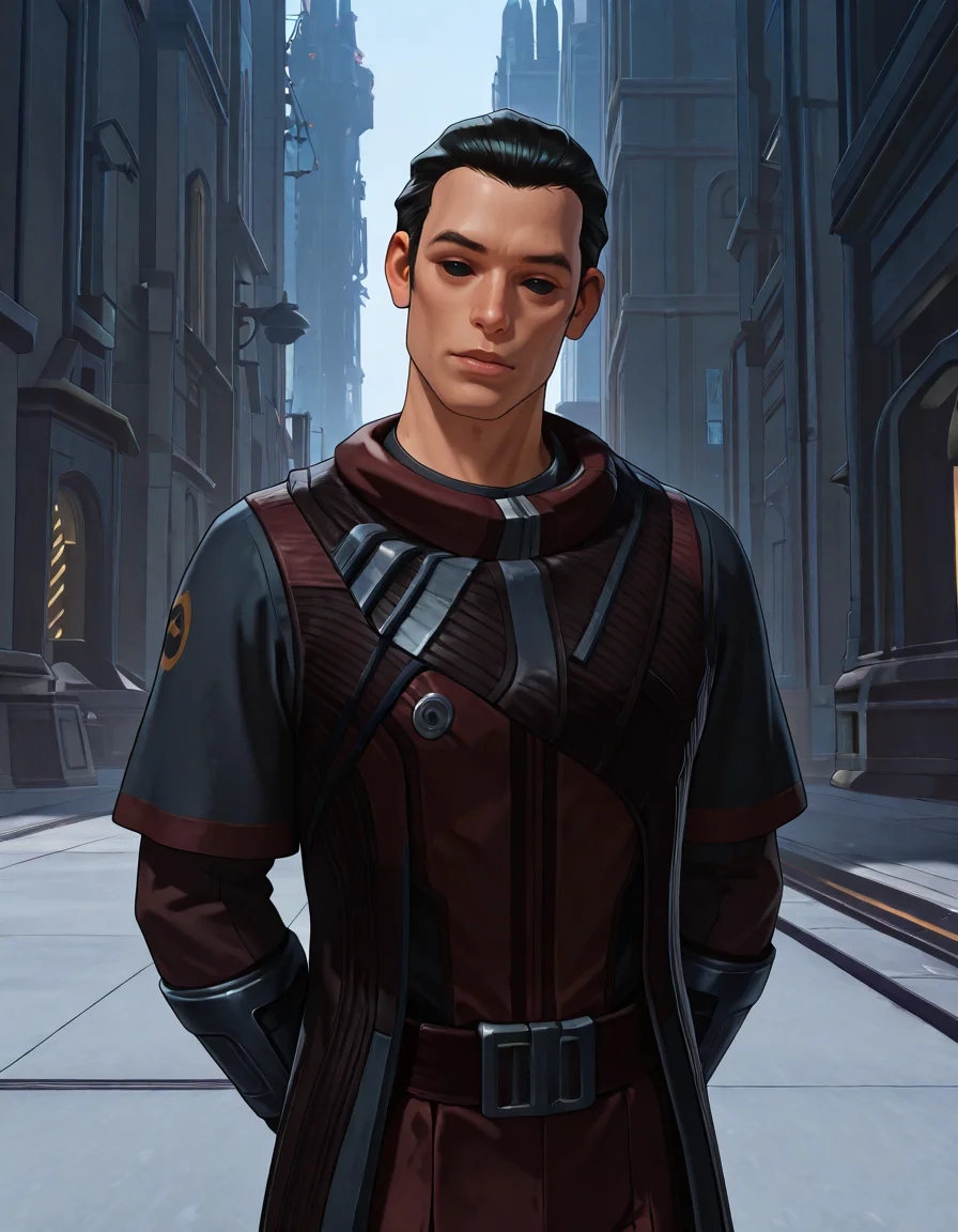 masterpiece, best quality, newest, perfect quality, best quality, detailed background, intricate details, male focus, solo, realistic, <lora:SWTOR - Vector Hyllus - Illustrious-000004:0.8>, swtor_vector, 1boy, black hair, short hair, sideburns, solid eyes, black sclera, long coat, belt, wrist bracers, gloves, red pants, outdoors, city, star wars, upper body, looking at viewer, head tilt, hands behind back