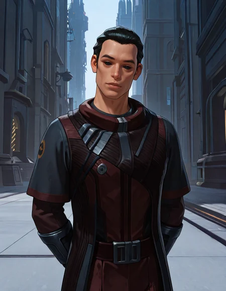 masterpiece, best quality, newest, perfect quality, best quality, detailed background, intricate details, male focus, solo, realistic, <lora:SWTOR - Vector Hyllus - Illustrious-000004:0.8>, swtor_vector, 1boy, black hair, short hair, sideburns, solid eyes, black sclera, long coat, belt, wrist bracers, gloves, red pants, outdoors, city, star wars, upper body, looking at viewer, head tilt, hands behind back