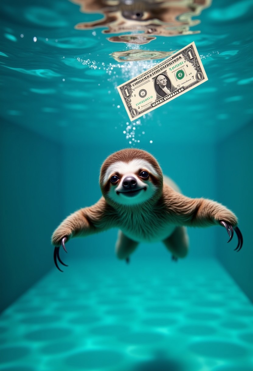 aidmaimageupgrader, a high quality digital image of an adorable little sloth swimming underwater in a pool, he has a slight smile on his face and has his arms outstretched. he is swimming after a one dollar bill floating in front and above the sloth in the pool
