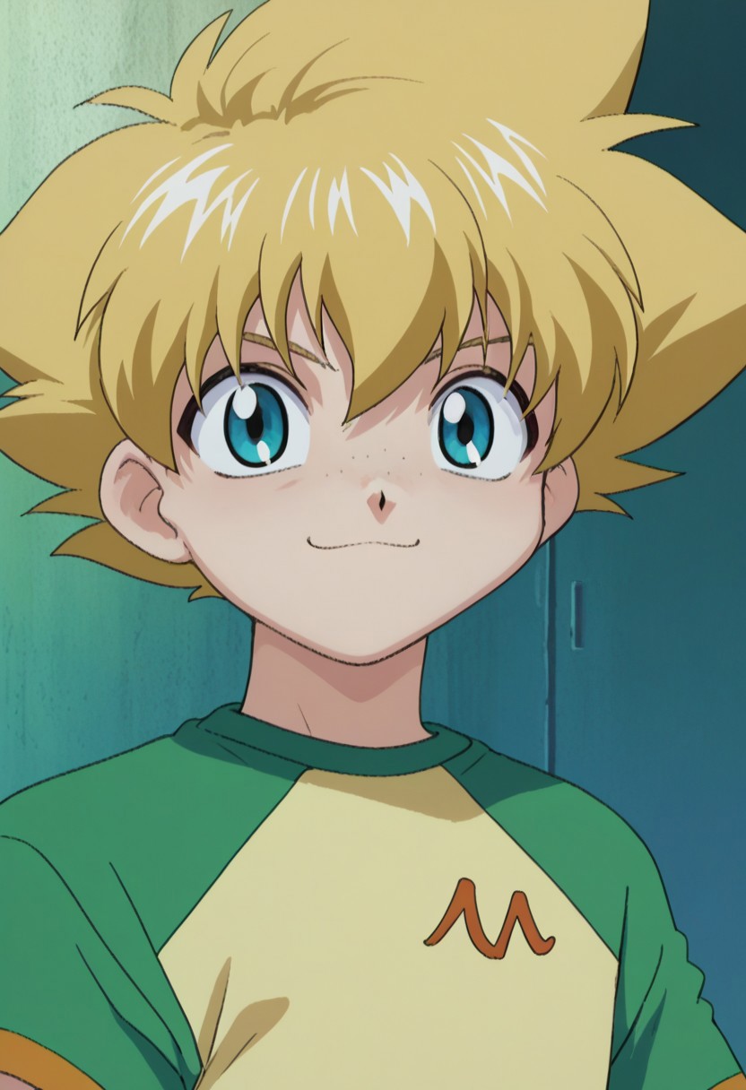 score_9, score_7_up, source_anime
MaMizuha, 1boy, male focus, solo, blue eyes, freckles, blonde hair, spiked hair, t-shirt, raglan sleeves, short sleeves, smile
outdoor,