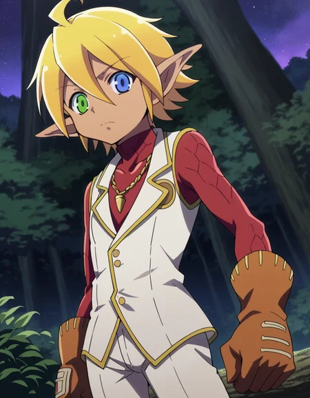 score_9, score_8_up, score_7_up, source_anime,
aurabellafiora, <lora:aura-bella-fiore-ponyxl-lora-nochekaiser:1>,
aura bella fiora, short hair, blue eyes, blonde hair, hair between eyes, green eyes, ahoge, pointy ears, dark skin, heterochromia, elf, dark elf,
gloves, jewelry, necklace, vest, white vest, pants, white pants,
outdoors, night, night sky, forest, nature,
looking at viewer, cowboy shot, dutch angle,