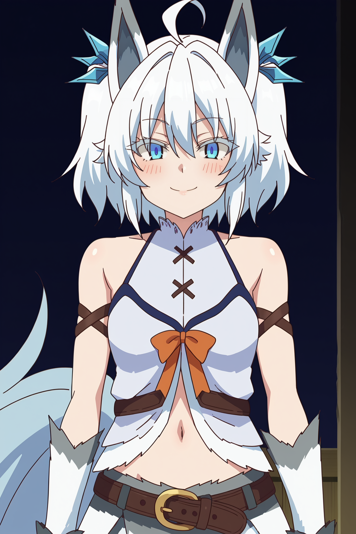 score_9, score_8_up, score_7_up, source anime, prefect lighting, very aesthetic, BREAK, anime coloring, anime screencap, 
<lora:setsuna_kaiyari_v1-pdv6:1>, 1girl, setsuna \(kaiyari\), kaifuku jutsushi no yarinaoshi, blue eyes, white hair, short hair, ahoge, twintails, hair ornament, wolf girl, wolf tail, wolf ears,
setsunaout, navel, belt, midriff, bare shoulders, ribbon, thighhighs, 
BREAK, light smile, blush, looking at viewer,
BREAK,