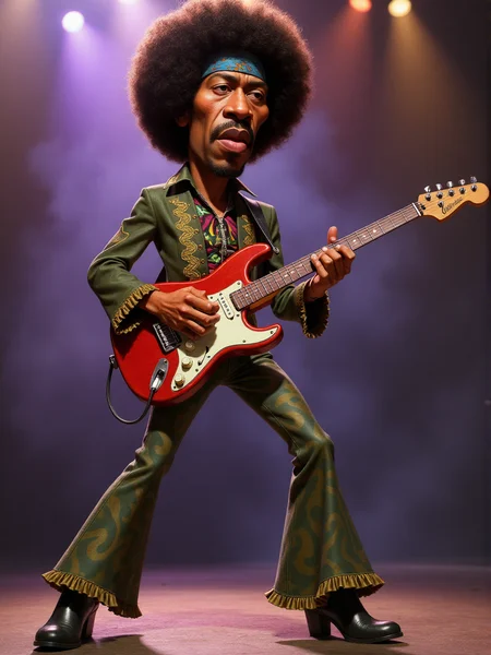 Animated caricature of Jimi Hendrix: full-body view of Hendrix in a dynamic pose, standing with legs apart and leaning slightly back as he shreds an electric guitar. His facial features are exaggeratedâtall, angular cheekbones, narrow chin, and full lips slightly parted in concentration. His large eyes are half-closed under heavy lids, and his iconic afro is voluminous and unkempt, forming a dark halo around his head. He wears a colorful psychedelic shirt with frilled sleeves, a military-style jacket with gold trim, flared pants with a swirling pattern, and heeled boots. A patterned bandana is tied around his forehead, and a guitar strap crosses his chest. Bright stage lights shine from behind, casting vivid purples and oranges across the smoky background. <lora:3d_caricature_Strong:0.8>
