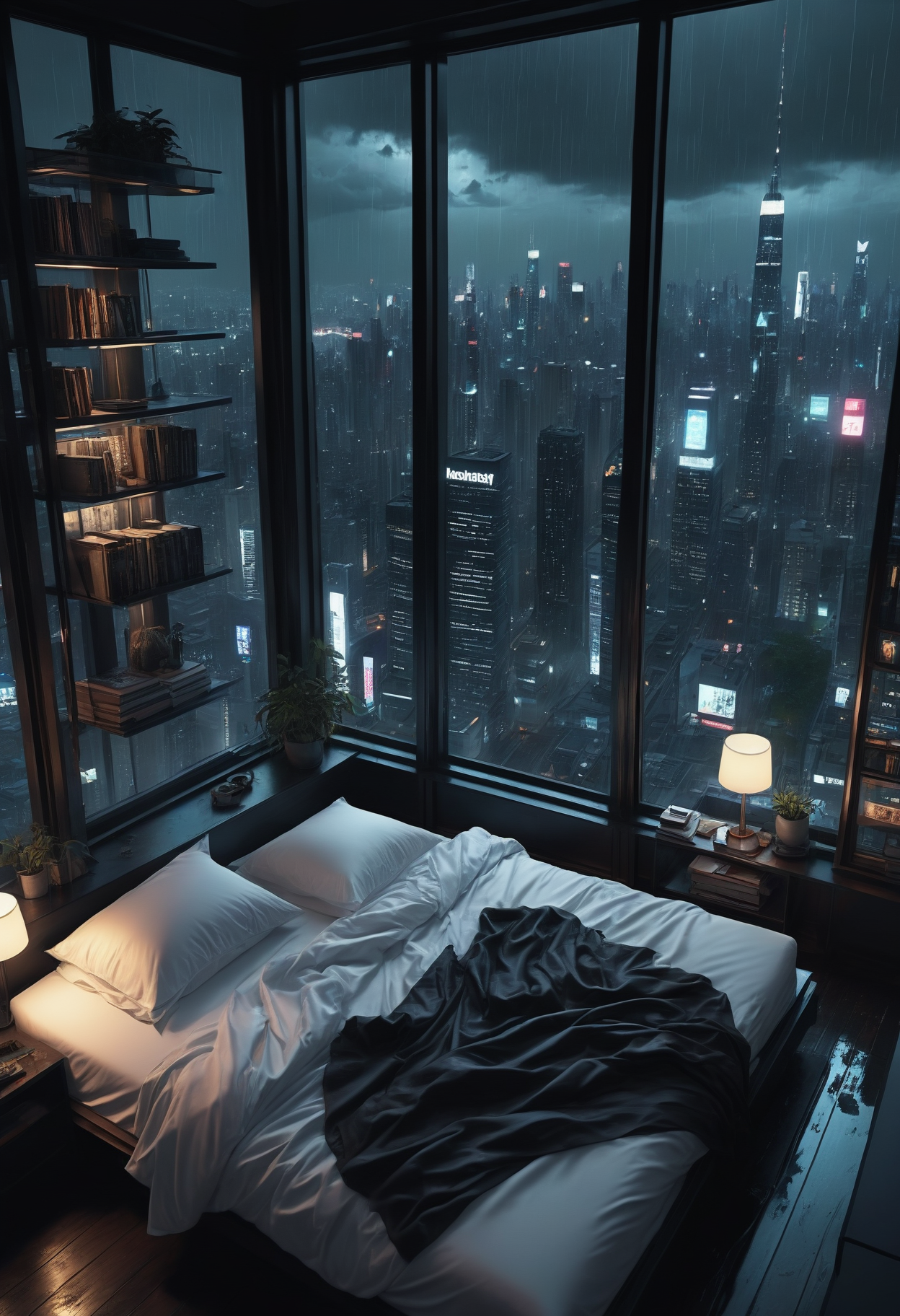 moody aesthetic, beautiful cozy, cramped bedroom with floor to ceiling glass windows overlooking a cyberpunk city at night, view from top of skyscraper, white bedsheets, bookshelves, thunderstorm outside with torrential rain, detailed, high resolution, photorrealistic, dark, gloomy,