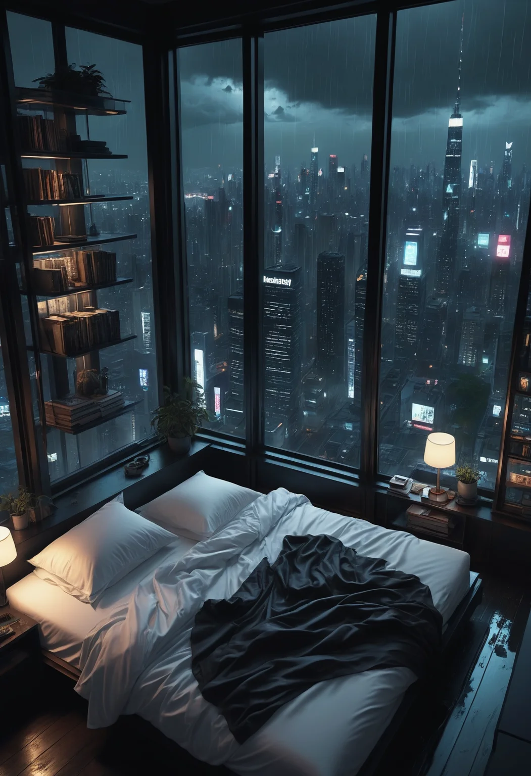 moody aesthetic, beautiful cozy, cramped bedroom with floor to ceiling glass windows overlooking a cyberpunk city at night, view from top of skyscraper, white bedsheets, bookshelves, thunderstorm outside with torrential rain, detailed, high resolution, photorrealistic, dark, gloomy,