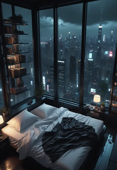 moody aesthetic, beautiful cozy, cramped bedroom with floor to ceiling glass windows overlooking a cyberpunk city at night, view from top of skyscraper, white bedsheets, bookshelves, thunderstorm outside with torrential rain, detailed, high resolution, photorrealistic, dark, gloomy,