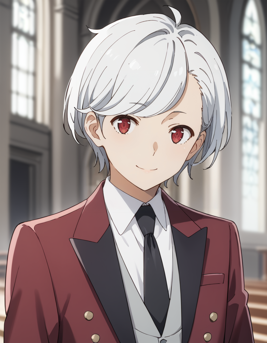score_9, score_8_up, score_7_up, source_anime, BREAK
1boy, solo, blurry background, upper body, light smile, church,
bell cranel, short hair, white hair, side-swept hair, red eyes,
date outfit, red tailcoat, black necktie, white shirt, collared shirt, grey vest, long sleeves, white gloves,
<lora:bell_cranel_anime-soralz:1>