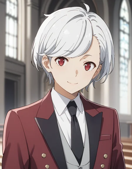 score_9, score_8_up, score_7_up, source_anime, BREAK
1boy, solo, blurry background, upper body, light smile, church,
bell cranel, short hair, white hair, side-swept hair, red eyes,
date outfit, red tailcoat, black necktie, white shirt, collared shirt, grey vest, long sleeves, white gloves,
<lora:bell_cranel_anime-soralz:1>