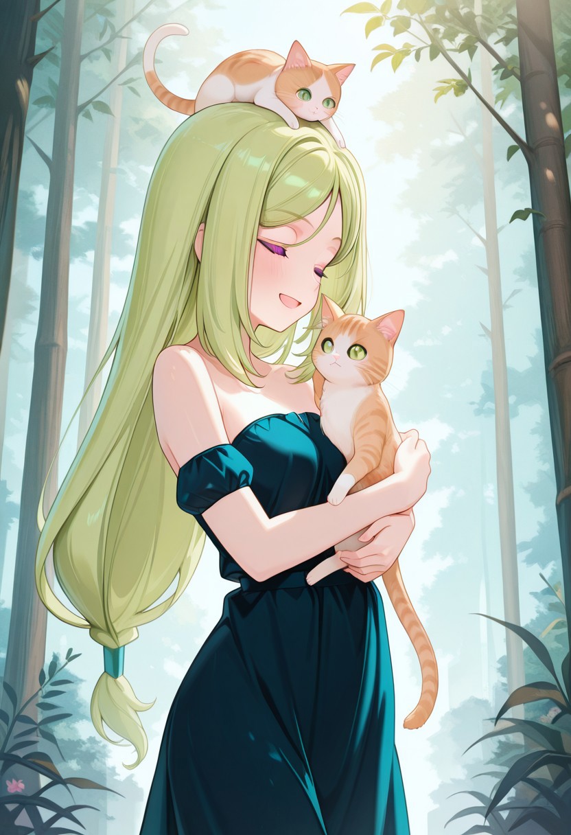 1girl, kajitsumomose, green hair, long hair, masterpiece, best quality, absurdres, cute, kawaii, small breasts,
strapless dress, armband, bare shoulders, black dress,
outdoors, nature,
standing, holding cat, hug, (cheek press:0.5), kitten, cat on head, happy smile, closed eyes, very happy,
intricate, highly detailed, majestic