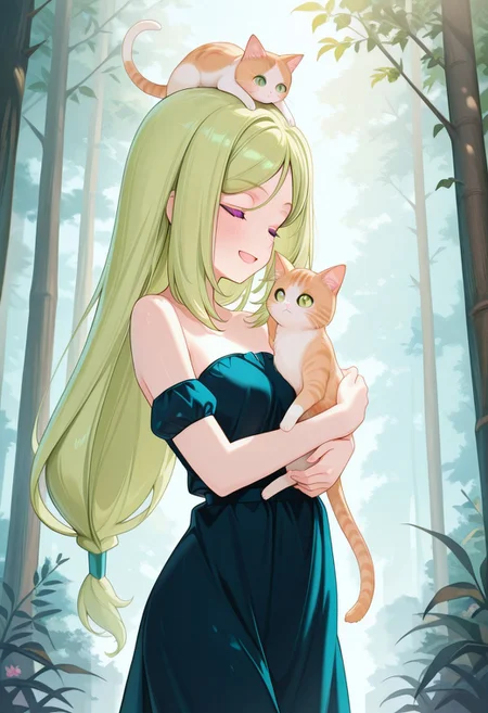 1girl, kajitsumomose, green hair, long hair, masterpiece, best quality, absurdres, cute, kawaii, small breasts,
strapless dress, armband, bare shoulders, black dress,
outdoors, nature,
standing, holding cat, hug, (cheek press:0.5), kitten, cat on head, happy smile, closed eyes, very happy,
intricate, highly detailed, majestic