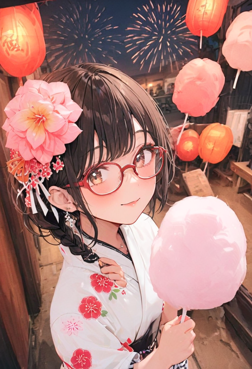 masterpiece, best quality, very aesthetic, absurdres,
cotton candy, 1girl, solo, glasses, black hair, holding, holding food, food, skewer, yukata, hair flower, braid, night, summer, paper lantern, 
 <lora:wataame_SDXL_V1:1>