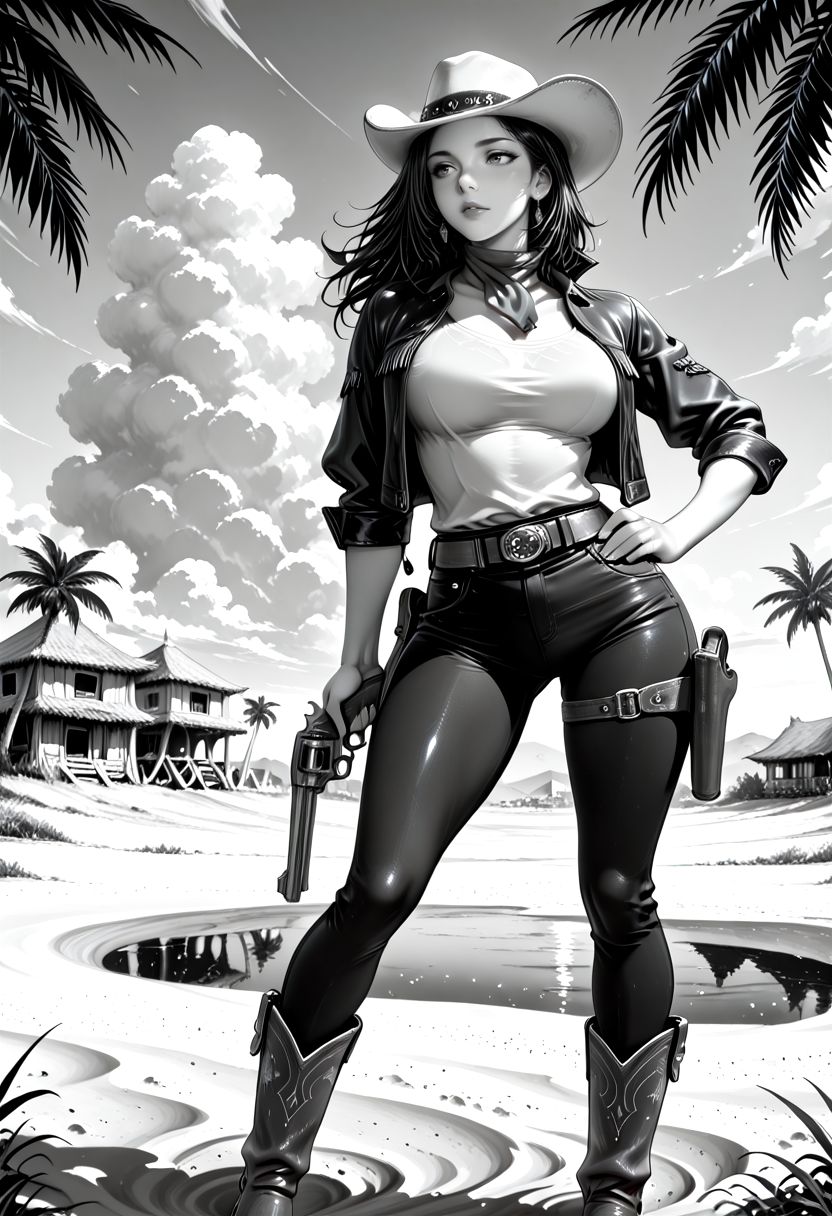 Smooth Quality, manga, cover art, (monochrome), greyscale, (musashino sekai:1.5), 1girl, solo, cowboy clothes, shirt, open jacket, jeans, contrapposto, hand on hip, cowboy boots, cowboy hat, desert, branch, palm tree, water reflection, clouds, town in the distance, revolver, holster, trigger discipline, wind, on sand, <lora:Smooth_Booster:0.5> <lora:Smooth_Lighting_Enhancer:0.25>  <lora:All_Disney_Princess_-_Illustrious:0.2> <lora:SmoothStyle_Beta:0.7>