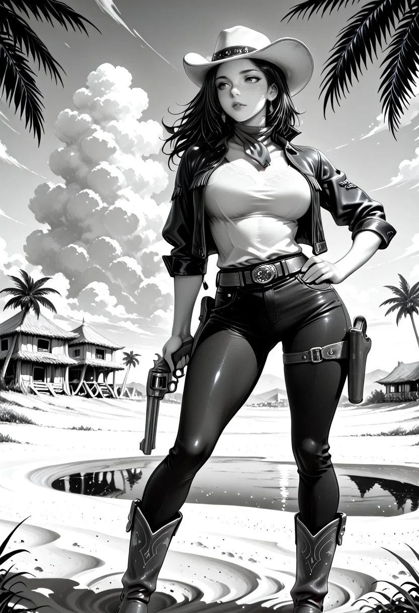 Smooth Quality, manga, cover art, (monochrome), greyscale, (musashino sekai:1.5), 1girl, solo, cowboy clothes, shirt, open jacket, jeans, contrapposto, hand on hip, cowboy boots, cowboy hat, desert, branch, palm tree, water reflection, clouds, town in the distance, revolver, holster, trigger discipline, wind, on sand, <lora:Smooth_Booster:0.5> <lora:Smooth_Lighting_Enhancer:0.25> <lora:All_Disney_Princess_-_Illustrious:0.2> <lora:SmoothStyle_Beta:0.7>