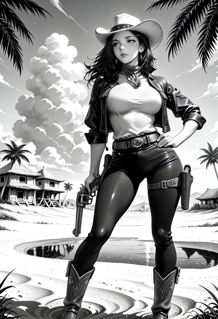 Smooth Quality, manga, cover art, (monochrome), greyscale, (musashino sekai:1.5), 1girl, solo, cowboy clothes, shirt, open jacket, jeans, contrapposto, hand on hip, cowboy boots, cowboy hat, desert, branch, palm tree, water reflection, clouds, town in the distance, revolver, holster, trigger discipline, wind, on sand, <lora:Smooth_Booster:0.5> <lora:Smooth_Lighting_Enhancer:0.25>  <lora:All_Disney_Princess_-_Illustrious:0.2> <lora:SmoothStyle_Beta:0.7>