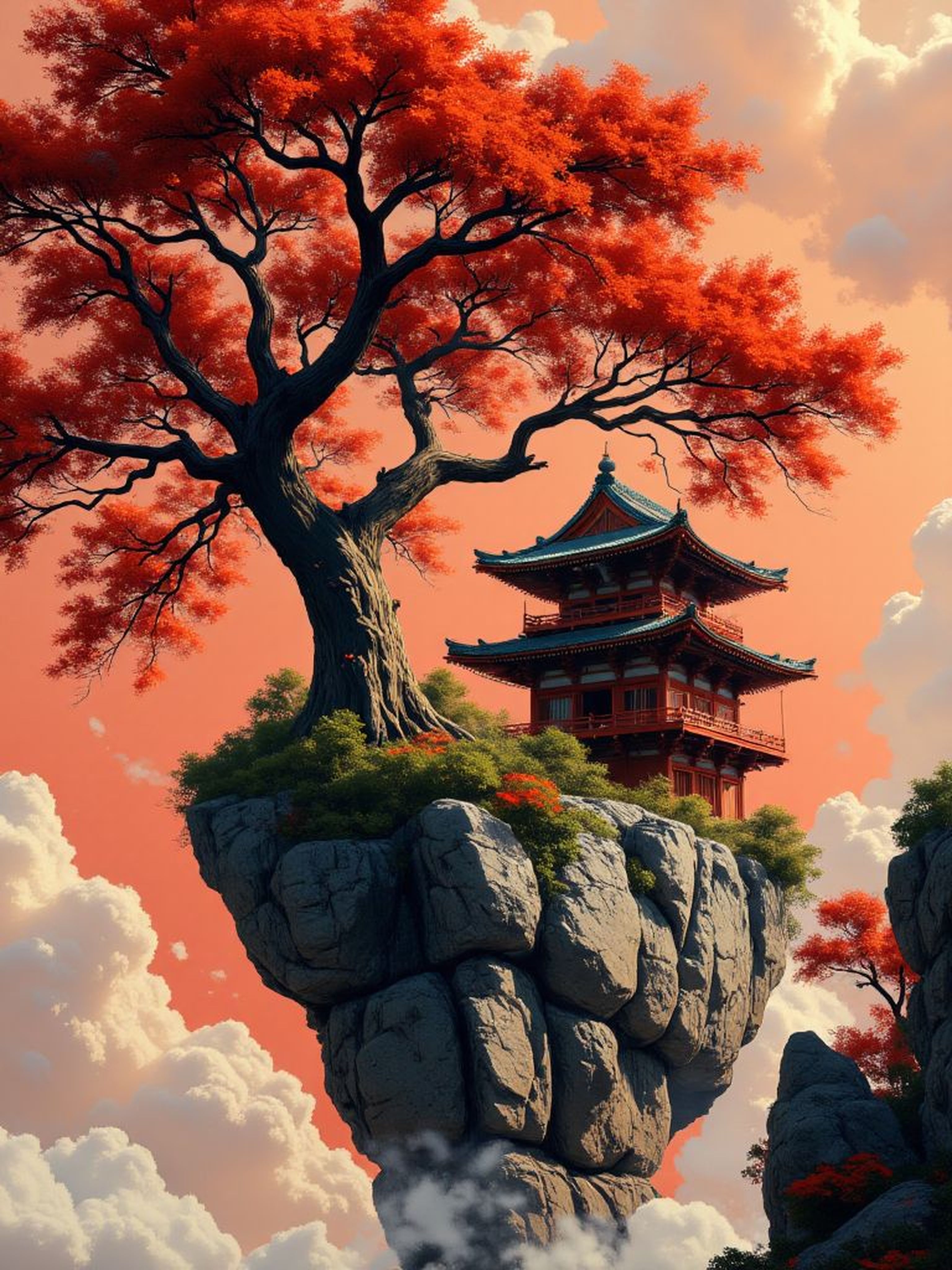 Hyper-detailed colored pencil realism of a traditional Japanese temple perched atop a rocky island, surrounded by nature’s beauty. The red and white temple, with its ornate blue roof and elevated balcony, stands as a serene sanctuary. A majestic tree with vibrant red leaves towers above, its twisted branches sprawling in all directions, deeply rooted in the rugged stone beneath. The sky is a gradient of deep crimson, fading into a lighter red haze, creating a dreamlike, atmospheric backdrop. Wisps of soft clouds drift gently, partially veiling the landscape. The scene exudes tranquility and timeless elegance, blending East Asian architectural beauty with nature’s raw, untamed presence. aidmaimageupgrader, aidmaMJ6.1m, detailmaximizer, mythp0rt, ne0nfant4sy, translucent, reedy, nistyle <lora:aidmaImageUpgrader-FLUX-V0.2:0.8> <lora:aidmaMJ6.1_aidmaMJ6.1-FLUX-v0.4:0.8> <lora:v1v1dr34m:0.7> <lora:Luminous_Shadowscape-000016:0.7>