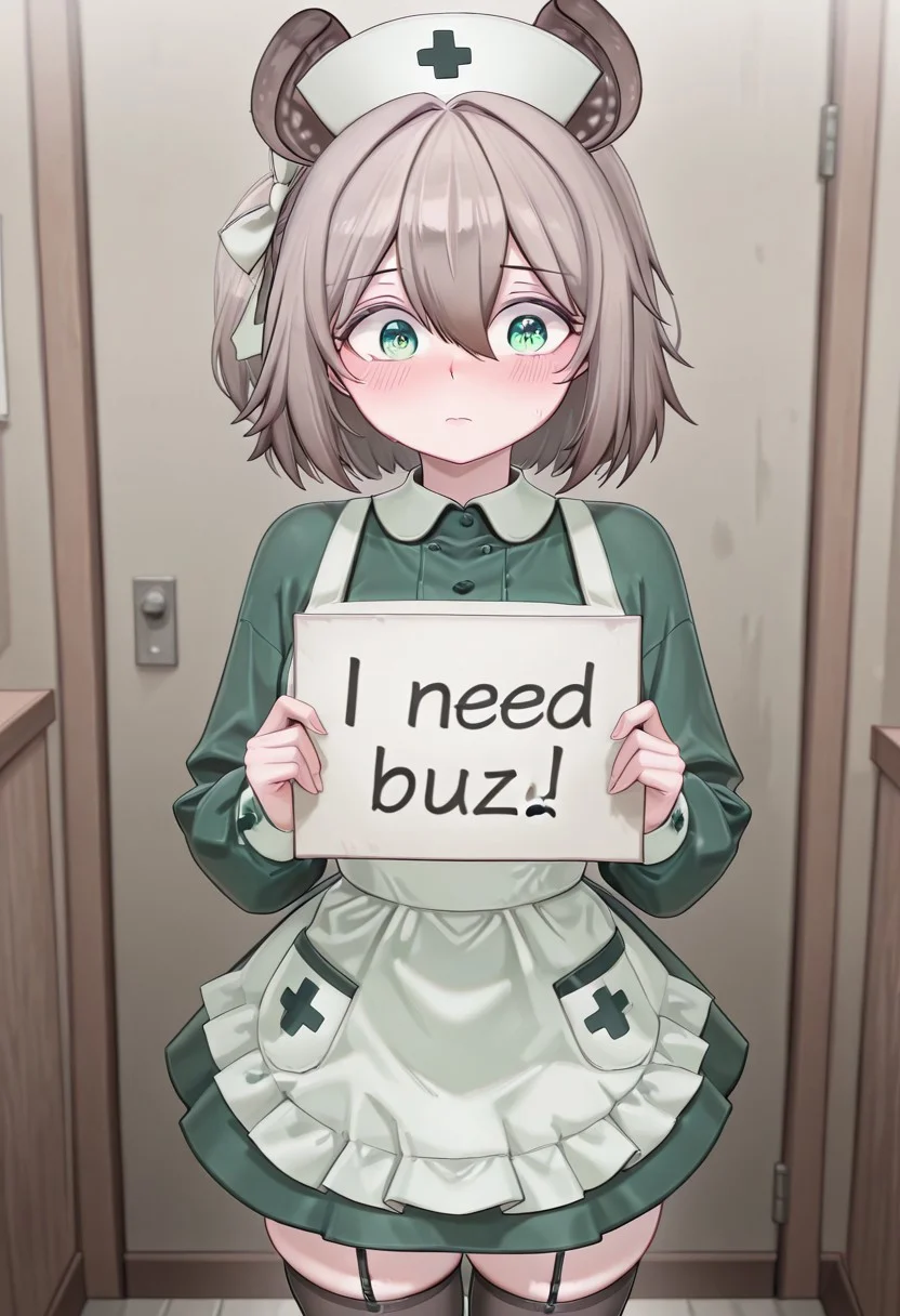 masterpiece, best quality, amazing quality, 8k, cowboy shot, 1girl, need_buzz, holding sign, solo, Nimi_Nightmare, green eyes, nurse cap, green dress, long sleeves, hair between eyes, black footwear, brown hair, white apron, animal ears, thighhighs, hair bow,