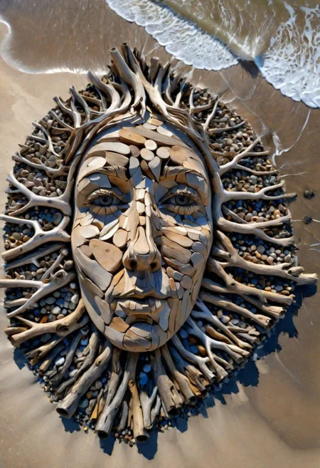 (drift wood washes up on the shore, all the tiny parts of drift wood form together to create a perfect shape of a Driftwood Face on the shore), abstract, 3d render, strong, insanely intricate details, (masterpiece), breathtaking natures art work