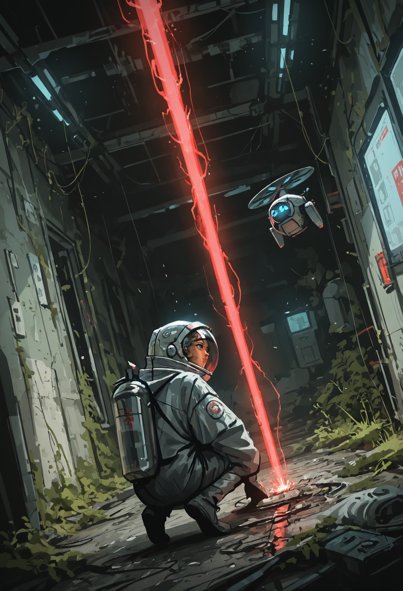 smyg2, 1girl, solo, space_helmet, (scavenging:1.6), blue_eyes, sci-fi, nasapunk, oversized jacket, skin_tight, oxygen_tank, scanner, red beam, drone, post-apocalypse, overgrown, dilapidated, squatting, facing_away, (looking away), (unaware), holding, holding_weapon, (submagine_gun), dynamic dutch angle, detailed-lighting, masterfully drawn, amazing quality, best resolution, elegantly detailed, highres, newest, 4k, latest, , <lora:b0aac5e5-3a20-4884-83b0-1b95c70e6b79:0.8>