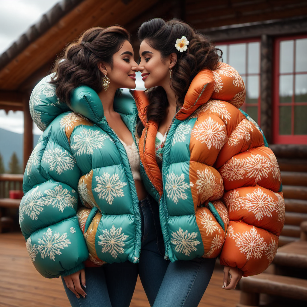 dark cinematic still with dark vibes, full body shot of kissing  hispanic 25 year old women  wearing an Retro-inspired patterns   extra_puffy_jacket,  unique hair styles,   looking at the camera, shallow depth of field, 8k uhd, dslr,  high quality, photorealistic, realism, hyperrealism,
, cabin scene 
 <lora:Puffer_Jacket_and_Down_Jacket_-_Extra_Puffy_Jackets:0.9>, smile  <lora:add-detail-xl:1>