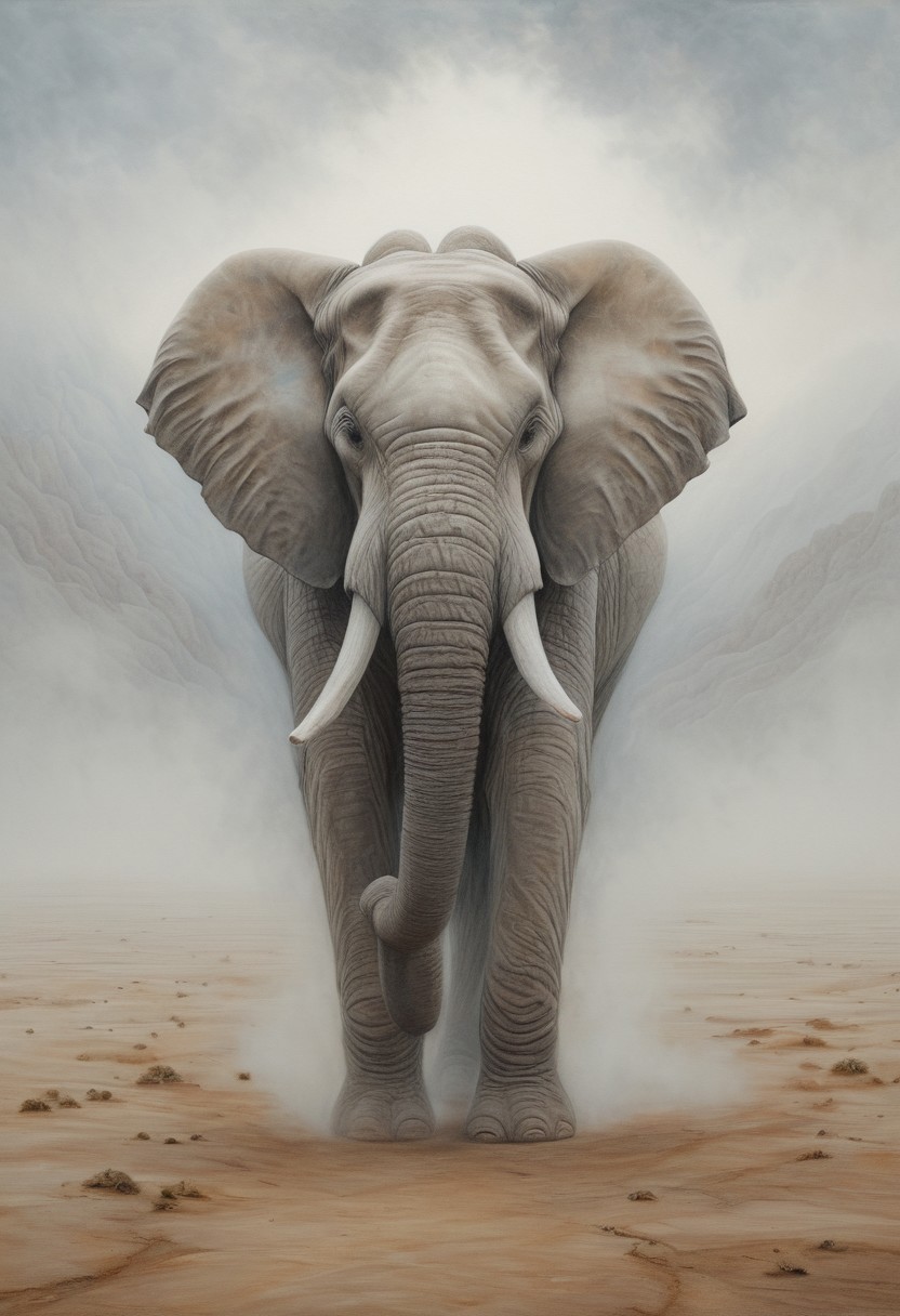 WhiteMold, 
A painting in soft light evokes an ethereal, spiritual vibe. A lone traveler and a massive, intricately detailed elephant with surreal hybrid features and pencil-drawn textures walk a misty desert. The piece blends surreal atmospheric photography and pencil realism, using soft muted colors and a mystical feeling.