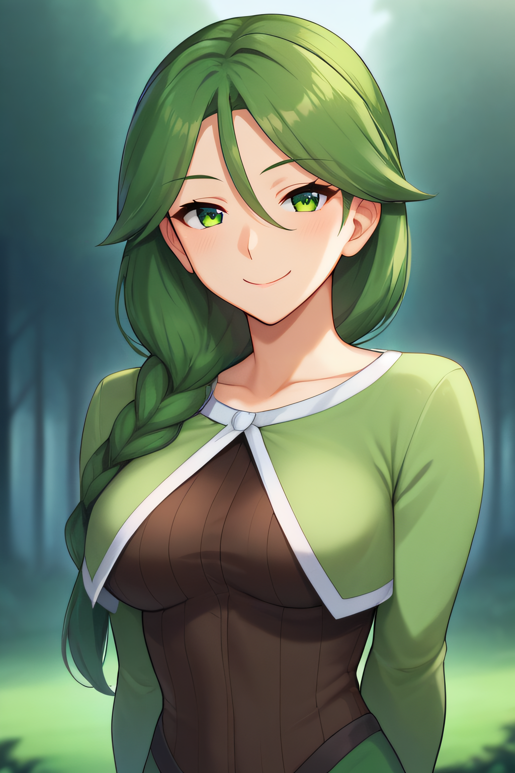 score_9, score_8_up, score_7_up, score_6_up, score_5_up, score_4_up, BREAK source_anime, masterpiece, best quality, ultra quality, <lora:Cheryl:1>, cheryl, green eyes, green hair, braid, hair over shoulder, green skirt, long sleeves, standing, looking at viewer, forest background, closed mouth, smile, hands behind back, medium breasts, naughty face, upper body