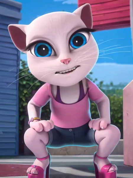solo focus, <lora:Angela:0.9> a_la, 1girl, cat, white fur, long whiskers on each side of face, large brilliant blue eyes, large black eyelashes, small pink nose, triangular ears with pink canals, small breasts, looking at viewer, squatting, front view, spreading legs, platform high heels, score_9, score_8_up, score_7_up,