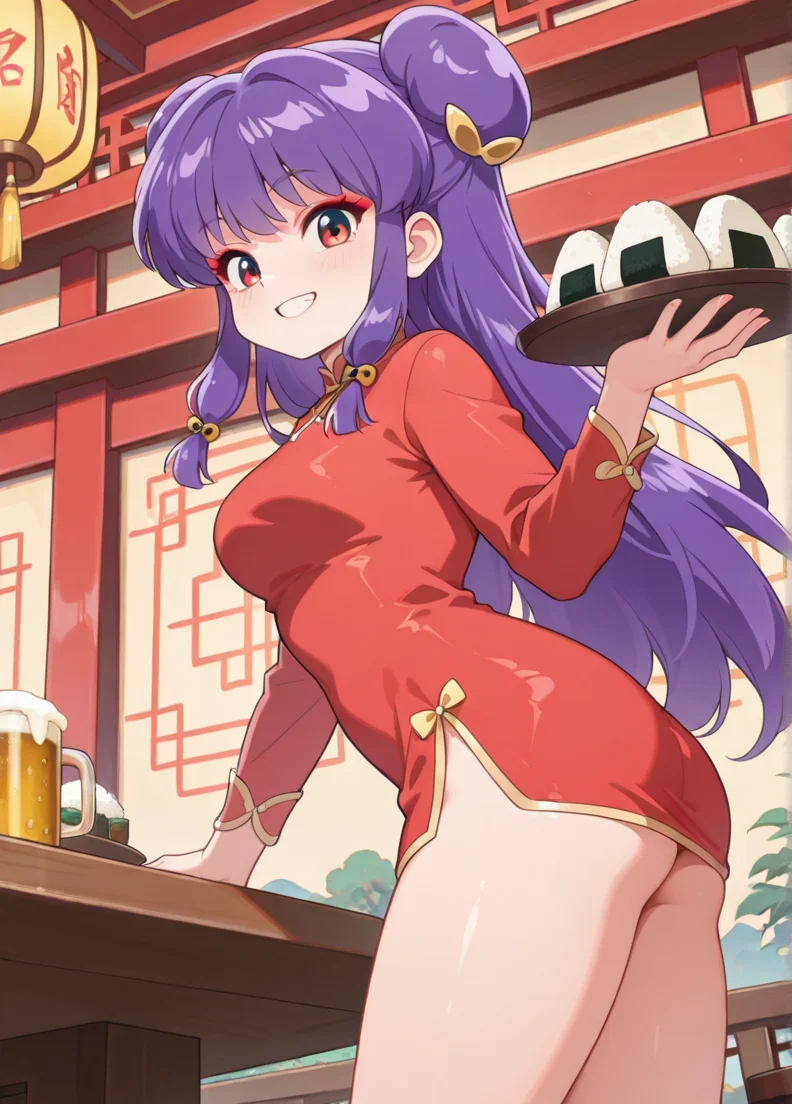 masterpiece, best quality, amazing quality, very aesthetic, absurdres, newest, detailed background, 4k, 8k,
shampooxd, 1girl, solo, smile, looking at viewer,
purple hair, long hair, double bun, hair bun, red eyes, hair ornament, bow, bangs, sidelocks, hair bow,
china dress, red dress, short dress, long sleeves, from side, grin, chinese restaurant, food, onigiri, beer, holding, holding food tray, tables, chairs,
medium breasts, <lora:Shampoo_-_Ranma_12_Remake_Illustrious:1>