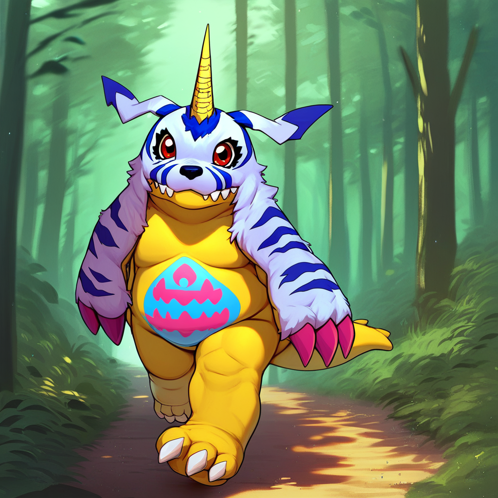 score_9, score_8_up, score_7_up, score_6_up, score_5_up, score_4_up, gabumon, digimon, single horn, claws, red eyes, sharp teeth, creature, monster,  chubby, pudgy belly, blue and pink markings on belly, blue fur pelt, yellow body, three toes, outside, forest background, forest scenery, wandering in the forest, walking, looking at viewer, smiling