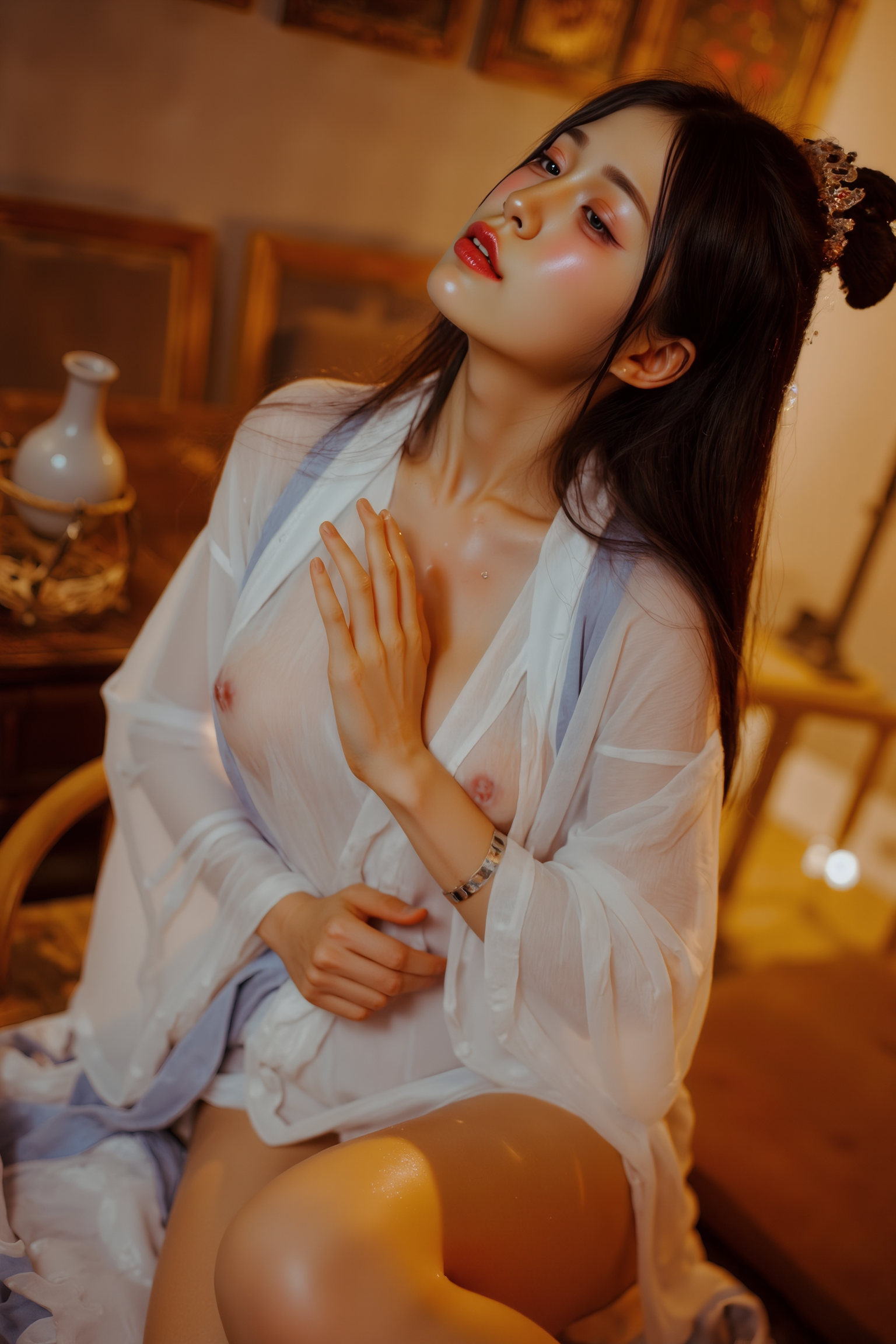 A professional, high-resolution image of a young woman seated comfortably on the floor, knees drawn close to her chest and embraced gently by her arms. Her head rests slightly tilted, with a soft, introspective gaze directed toward the camera, creating an intimate, thoughtful atmosphere.

She is wearing a white SGWN58Clothing. Her makeup is dramatic, with dark eyeliner and bold, glossy pink lips. 

The lighting features a high-contrast, monochromatic white color scheme that creates a moody, intimate atmosphere. 

The photography technique uses what appears to be soft lighting to create a glamorous effect, with careful attention to highlighting contours while maintaining the dominant light brown color scheme throughout the frame.

The overall aesthetic combines elements of fashion photography, traditional Asian visual motifs, and contemporary boudoir styling. The dramatic light brown lighting creates a cohesive visual theme that ties all elements of the composition together.

The white light emit on her to show her feature.