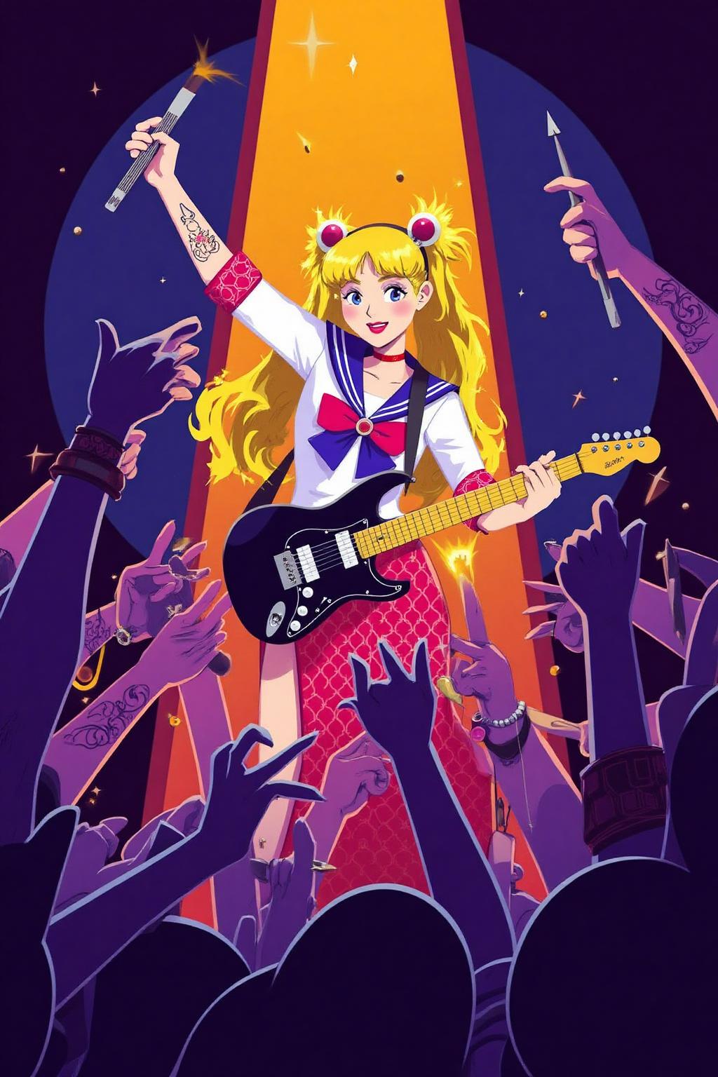 vector art. 
Punk sailor moon playing a guitar at a heavy metal mosh pit, tattoos, piercing.  <lora:vectorart1_cap_d6a3:1.0><lora:844286374770251424:0>