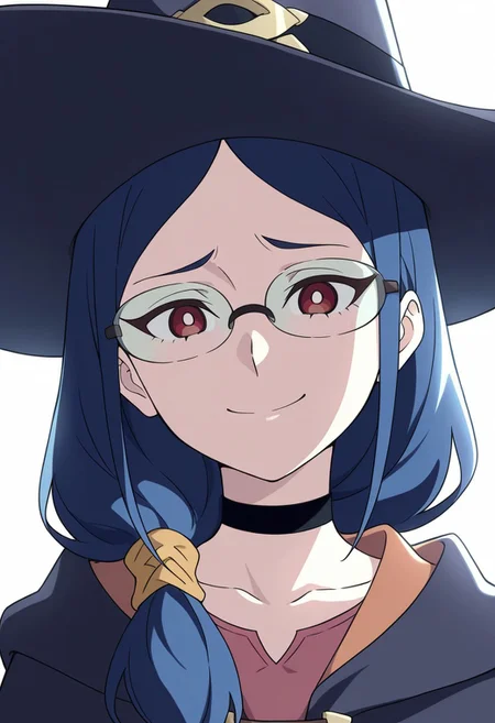 masterpiece,best quality,amazing quality,, score_9, score_8_up, score_7_up, soft lighting, dramatic lighting, (backlighting:1.7), LWAursula, 1girl, solo, blue hair, long hair, side ponytail, glasses, glasses, red eyes, witch hat, smile, worried eyebrows, sexy, portrait, black choker, looking at viewer