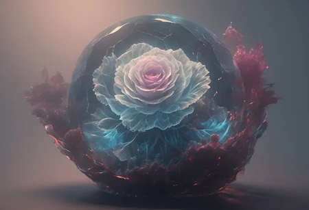 Ultra-realistic 8K resolution, Octane render, Unreal Engine 5 masterpiece, dark academia aesthetic, enchanted glass terrarium containing: two hybrid heliotrope-roses with translucent ruby gemstone petals (vitreous refraction), metallic obsidian stems (bioluminescent vascular system), liquid mercury dewdrops suspended mid-fall, spiral cerulean nebula core emitting plasma tendrils, fractured amber glass veins pulsing with trapped starlight, quantum foam escaping through dimensional cracks, non-Euclidean spacetime geometry, vantablack void background with gravitational lensing distortion, chrono-crystalline lattice framework, volumetric photon mapping event horizon glow, subsurface scattering in petal nanostructures, temporal anomaly causing timeline overlaps, hyperdetailed microbiology under gemstone epidermis, gothic biodigitalpunk style blending Zdzisław Beksiński and Ernst Haeckel, photorealistic macro photography meets celestial cartography, trending on ArtStation --ar 16:9 --v 6.0 --no cartoonish, flat colors, symmetry, human elements