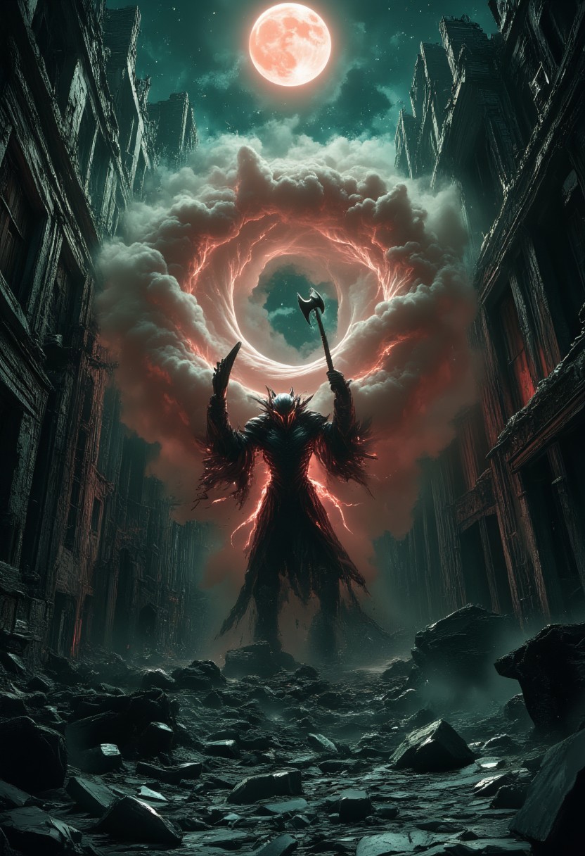 In a ruined, ancient city, a monstrous, mist-like creature stalks the crumbling streets, its form twisting and reforming like dark smoke. Emerging from its back is a ghostly warrior spirit, clad in black, ornate armor, with glowing amber eyes. The spirit grips a massive battle axe, but instead of swinging it, it raises the weapon high, summoning a swirling vortex of mist around it. The fog coils and thickens as the warrior calls upon the creature's power. The full moon above, glowing red with a green outline, casts an ominous light over the ruin, amplifying the eerie atmosphere as the creature and spirit prepare for their hunt.