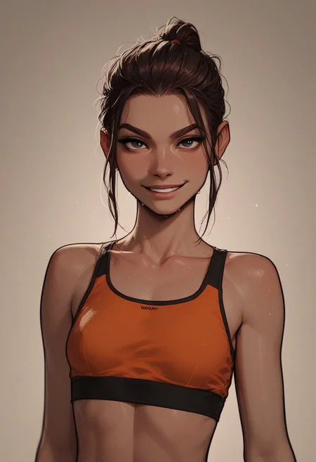 (score_9, score_8_up, score_7_up). ( line work, excellent drawing, highest quality, extremely detailed:1.2). 1girl, 20 years old, perfect face, adult face, solid black eyes, long lashes, short ponytail, dyed hair, soft skin, nympho, relaxed, confident posture, assertive, smirk, sweaty, shiny look, petite, athletic body, statuesque, fit, v line, gym girl, activewear, crop top, no bra, perky, g0thicPXL, romantic, cinematic lighting, volumetric lighting, source_cartoon, dynamic angle, cowboy shot, medium distance