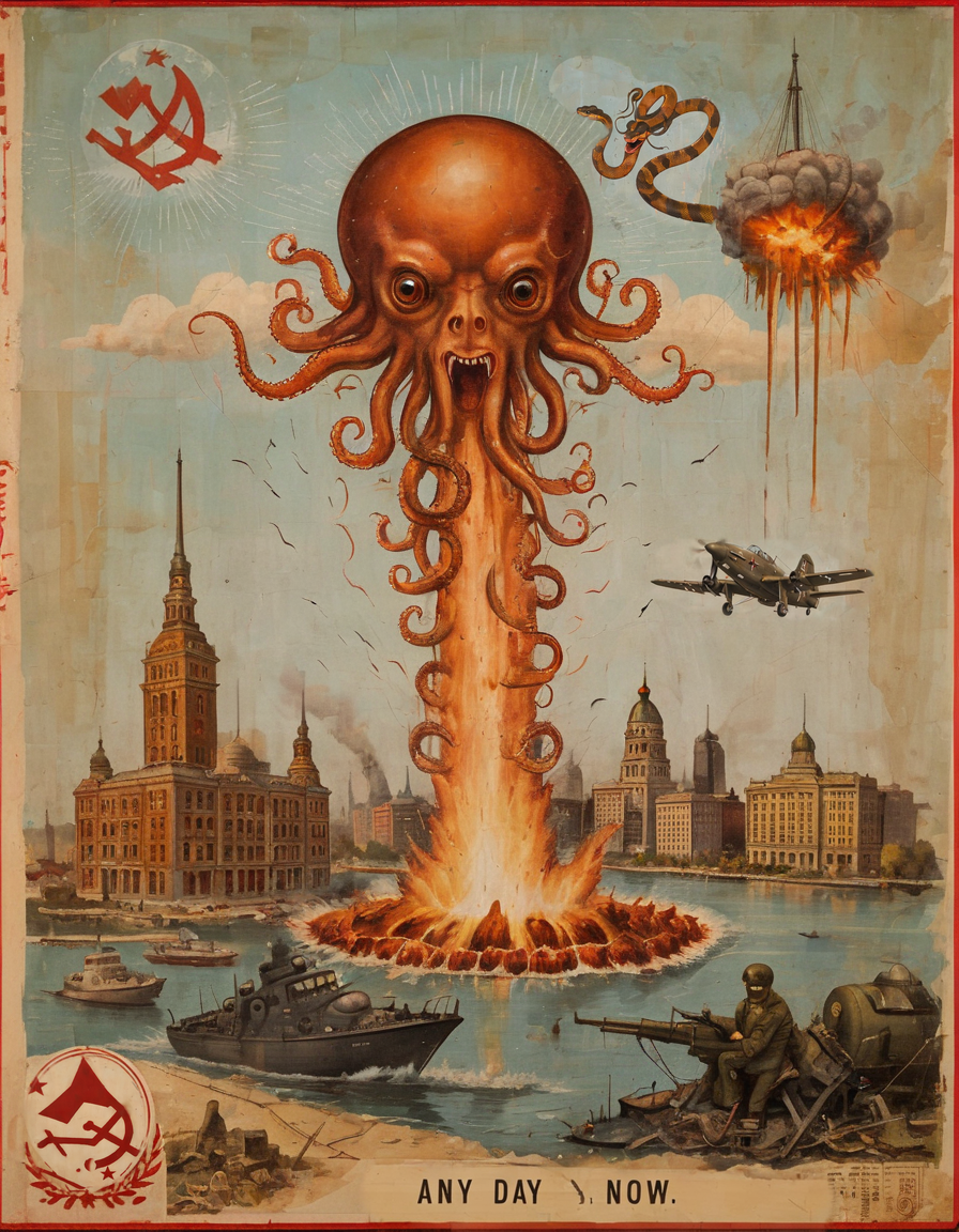 <lora:rvaz-000007:0.8>rvaz, nuclear bomb explosion, atomic bomb cloud, octopus devouring a city, ussr symbol, vintage soviet,