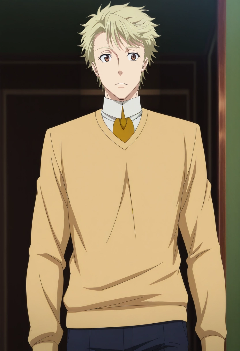 masterpiece, best quality, anime screencap, official style, anime coloring, cowboy shot, 1boy, solo, male focus, <lora:john_h_watson_ilxl:1>, john_h_watson, blonde hair, brown eyes, short hair, ,