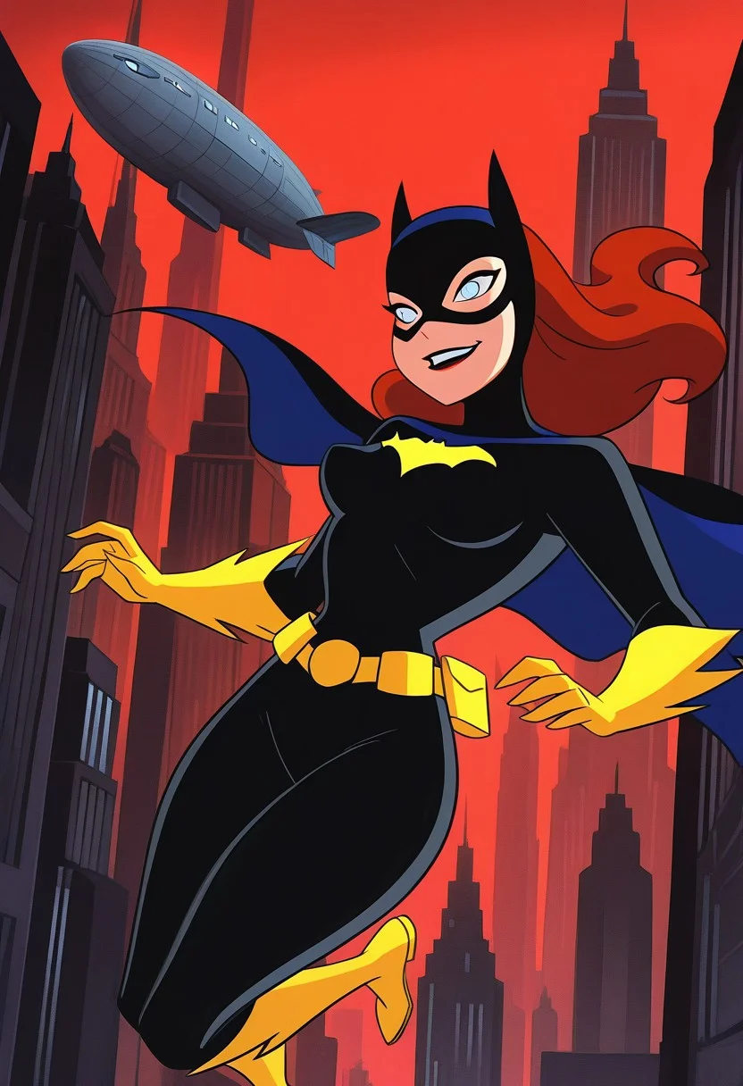 masterpiece, best quality, amazing quality, dcaustyle, 1girl, cowboy shot, batgirl, red hair, mask, two-sided cape, bodysuit, utility belt, gloves, boots, floating hair, wind, jumping, midair, gotham city, skyscraper, red sky, dirigible with spotlight, lens flare, pointy breasts, smile, light blue eyes