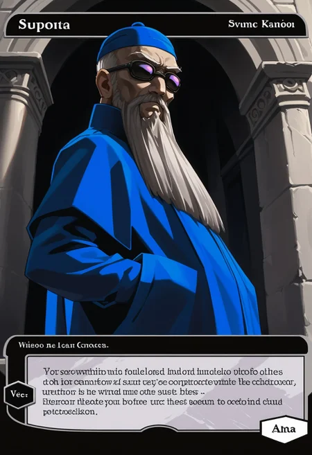 c4rd,english text,character name,
from side, looking at viewer, from below, hands in pockets,
midosmt, grey hair, grey beard, facial hair, old man, blue hat, sunglasses, blue robe
score_9,score_8_up,score_7_up, source_anime,
<lora:MTG_card_v2:1> <lora:zs_MidoXL:1>