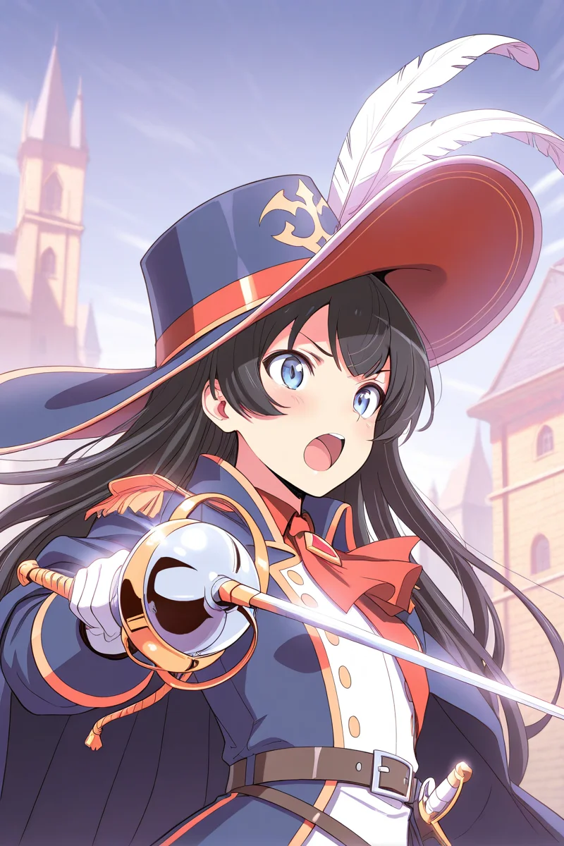masterpiece, best quality, amazing quality,
 <lora:Hikari_IL:1> hikari, 1girl, hat, weapon, solo, black hair, sword, long hair, gloves, outdoors, hat feather, rapier, open mouth, holding weapon, blue eyes, portrait