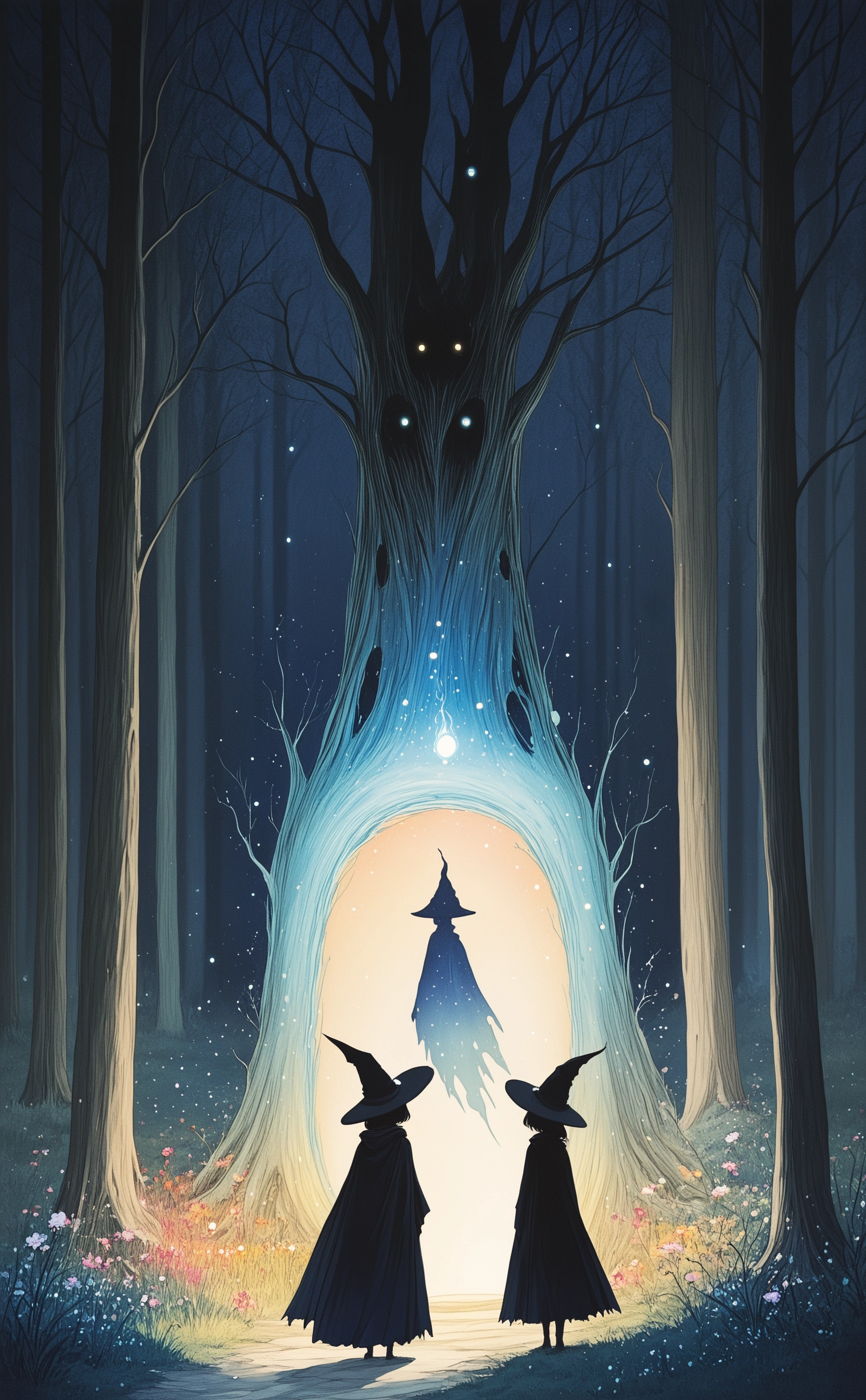 masterpiece, best quality, amazing quality, portal \(object\),
witch, magic, fantasy, standing, outdoors, from behind, cape, tree, night, witch hat, glowing, grass, light particles, cloak, floating, forest, robe, ghost, facing away, silhouette, wide shot, bare tree, colorful, ArsMJStyle, Delicate Whimsy，
Studio Ghibli Dark Fairytale <lora:noobai_ep11_stabilizer_v0.138_fp16:0.3> <lora:NOOB_vp1_detailer_by_volnovik_v1:0.3> <lora:Dark_Ghibli:0.8> <lora:DelicateWhimsyIllustrious:1>