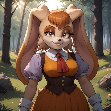 score_9, score_8, BREAK, solo, Vanilla the Rabbit, furry, peach fur, orange tuft of hair, hazel eyes, brown eyeshadow, brown nose, floppy rabbit ears, burgundy-fitted vest with golden buttons, lavender dress, lavender skirt, white gloves, sexy pose, self portrait, smile, outdoors, sunlight, shadows, evening lighting, natural lighting, forest, trees, grass, orange sky, sunset